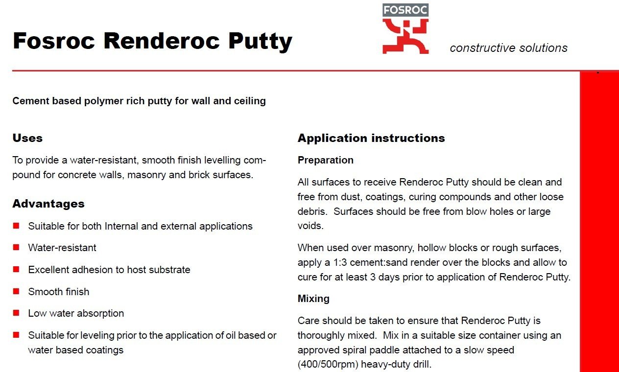 RENDEROC PUTTY GREY (15kg)-Renderoc Putty is a single component product and is supplied ready to use . Its fine quality paste consists of polymers, fine graded fillers and biocides for good stability.