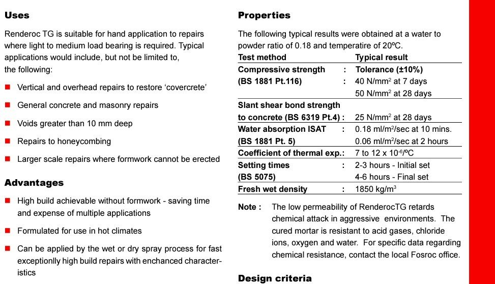 RENDEROC TG (25kg)-Single component medium-weight concrete and masonry reinstatement mortar for use in hot climates.Renderoc TG is suitable for hand application to repairs where light to medium load b